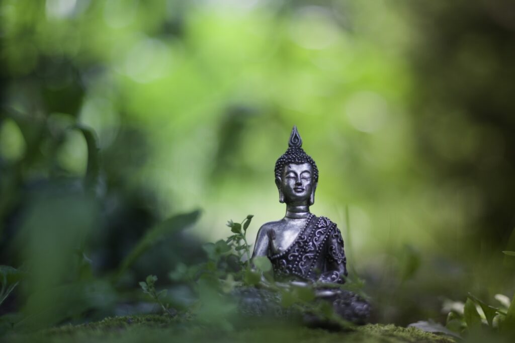 Grauer Buddha sitzt im Grünen - Naturing Myself - Entspannung auf Knopfdruck
