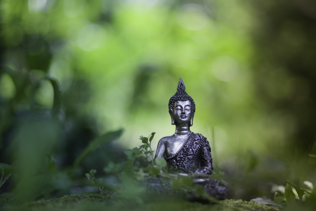Grauer Buddha sitzt im Grünen