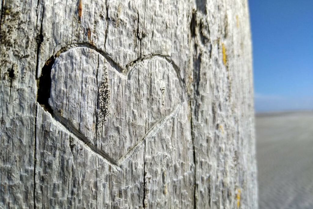In Holz geritztes Herz in einem Holzpfahl am Nordstrand auf der Insel Norderney - Naturingmyself - Selbstberührung gegen Stress